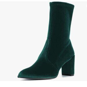 YDN Lake Green Pointed Toe Chunky High Heel Mid Calf Boots Pull On Dress Shoes